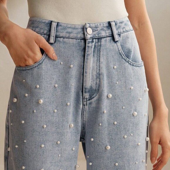 Teal Blue Casual Women's Pearl Decorated Denim Straight-Leg Pants - Picture 3 of 6
